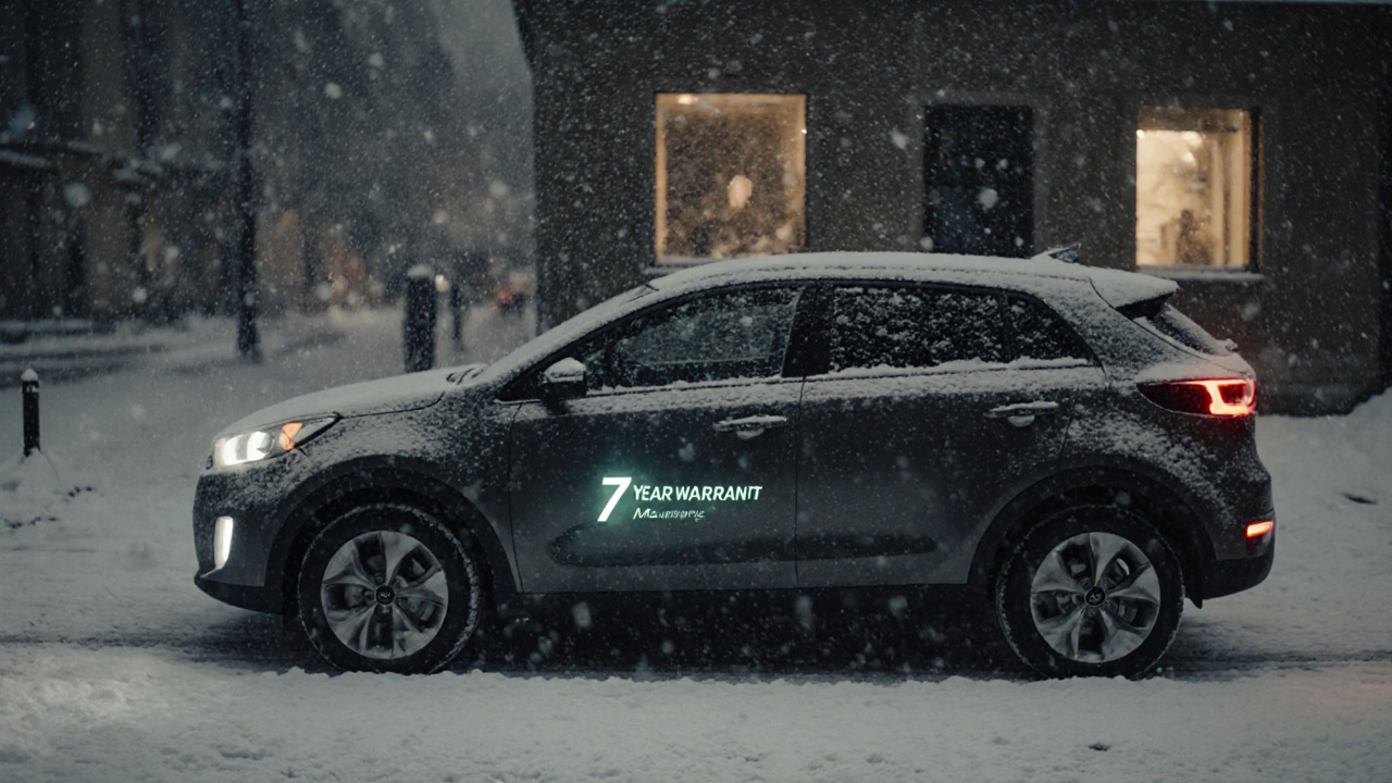 Kia Cee’d stojí na sněžné evropské ulici s viditelnou 7letou zárukou.