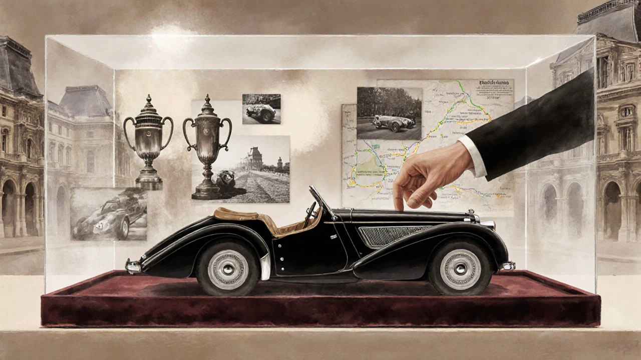 Klasické BMW 328 Roadster v kapse s připomínkami jeho závodní minulosti a Louvru na pozadí.