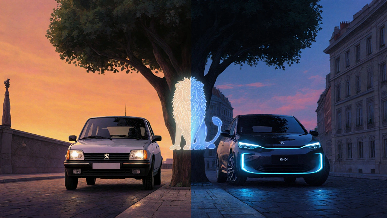 Klasický Peugeot 205 a moderní e-208 stojí vedle sebe, spojené symbolem lvice.