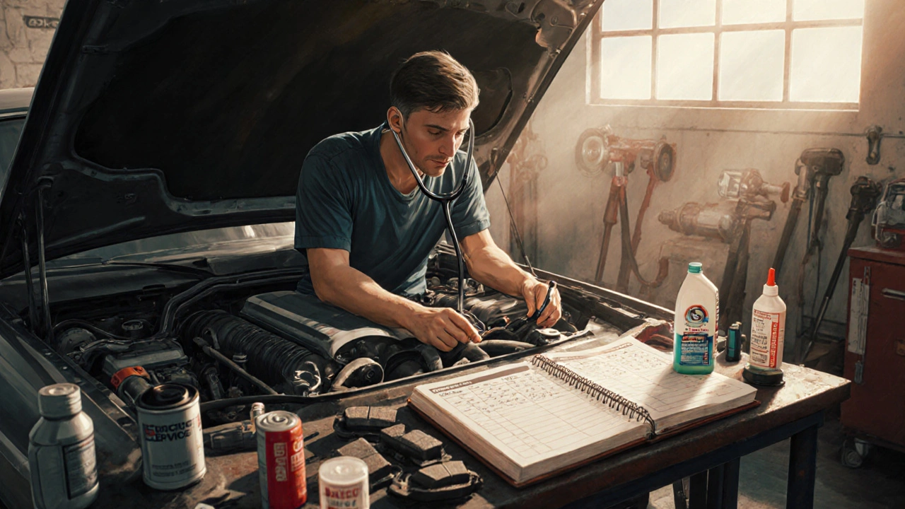 Mechanik kontrolyuje motor Mercedesu s nově vyměněnými díly a servisní knížkou.