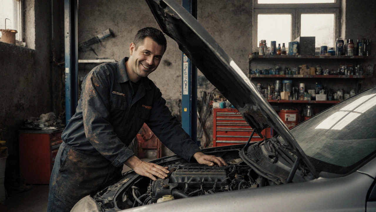 Mechanik prohlíží čistý motor Toyota Corolla s 420 000 km najetých v českém servisu.