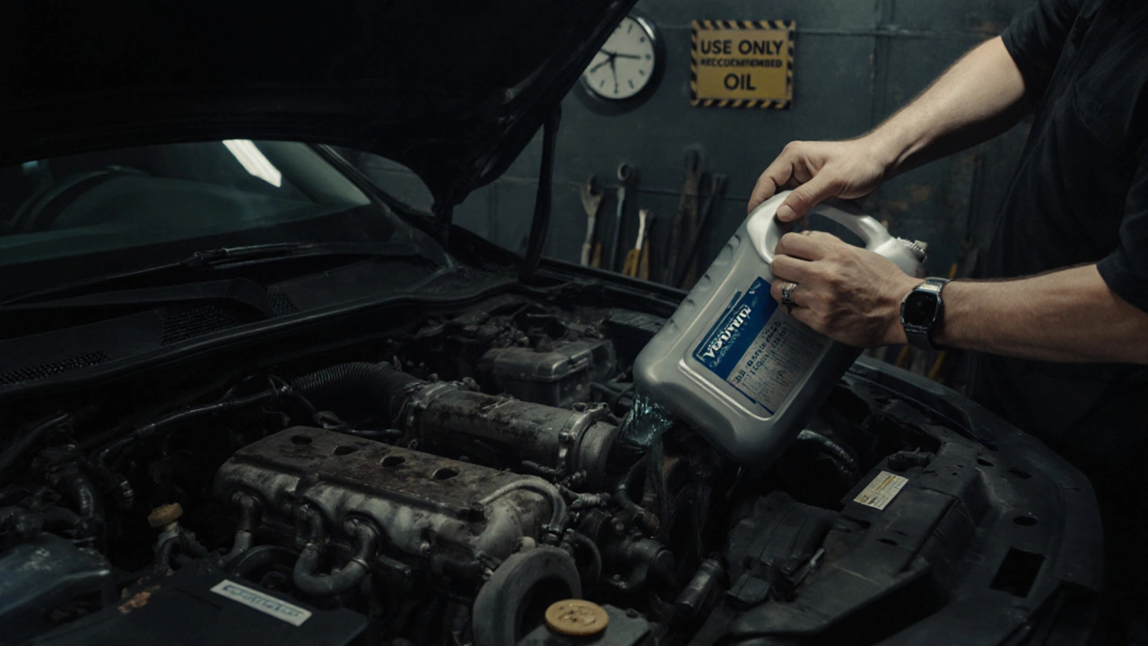 Mechanik provádí dvojitou výměnu oleje v motoru Volvo v dílně.