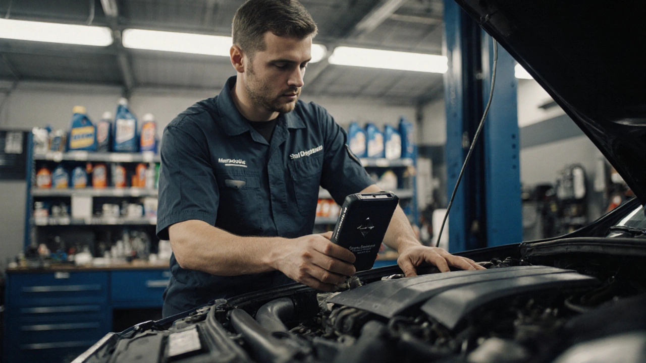 Mechanik v dílně skenuje Mercedes pomocí odborného diagnostického zařízení s originálními náhradními díly.