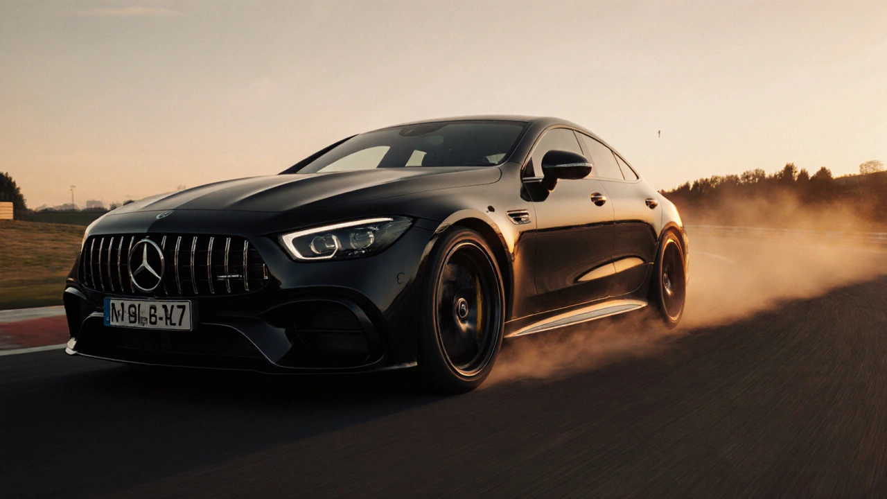 Mercedes-AMG GT 63 rychle projíždí závodní dráhu Nürburgring ve večerním světle.