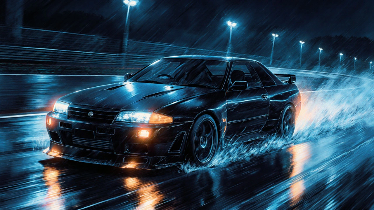 Nissan Skyline GT-R rychle projíždí dešťovou zatáčku v noci.