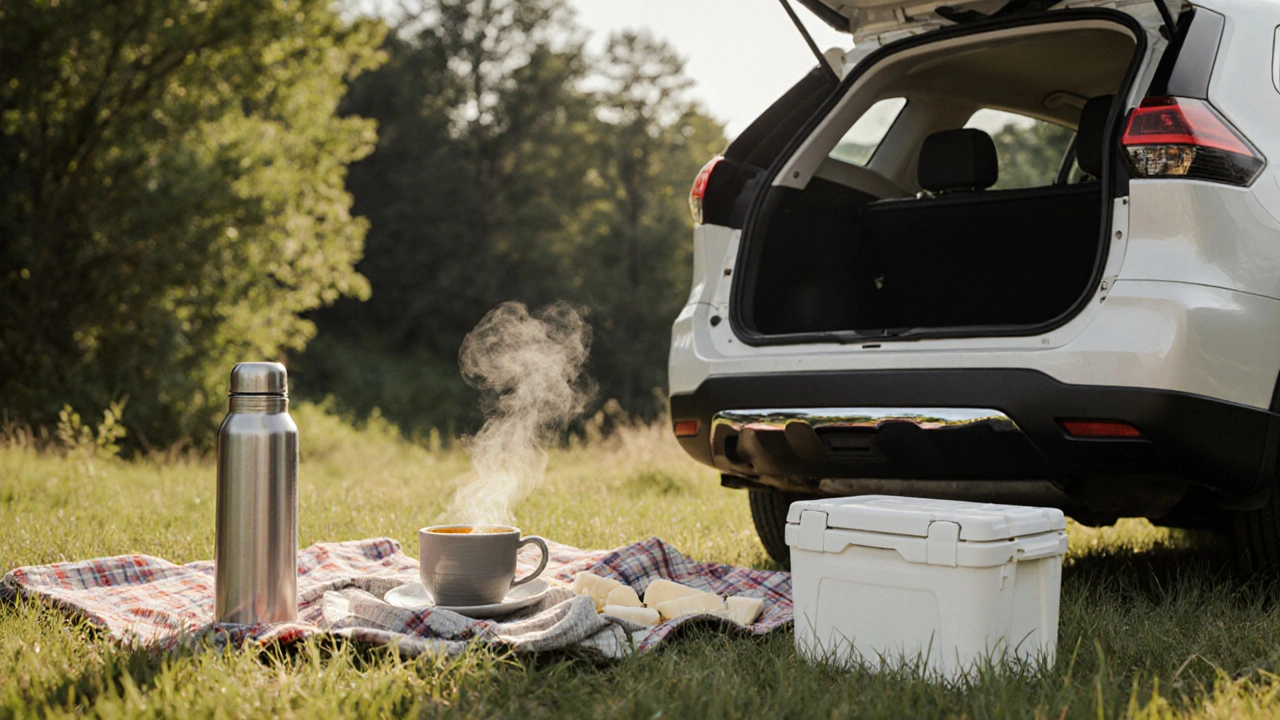 Nissan X-Trail na odpočinku s termoskou a teplou polévkou na venkově.