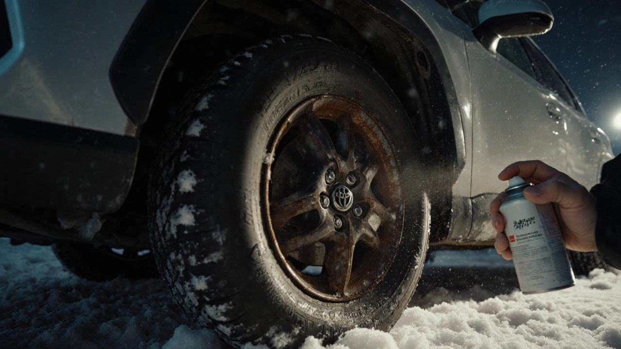 Podvozek Toyoty RAV4 na zimní silnici s ochranným nátěrem a počáteční korozi.
