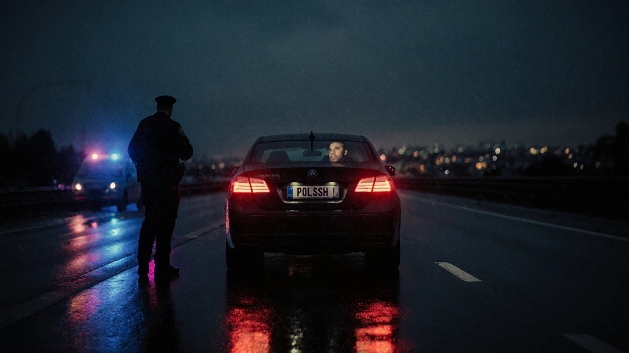 Policista zastavuje auto s polskými SPZ na české silnici.