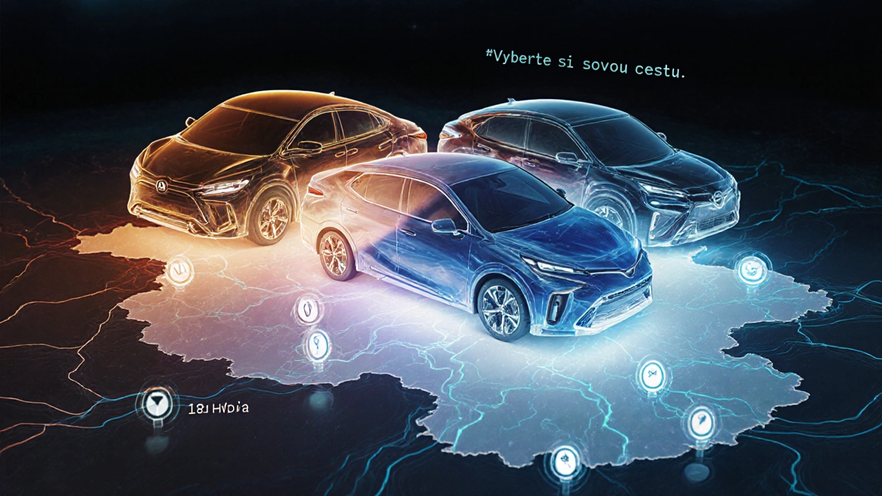 Přehled tří typů pohonů Toyoty s vyznačenými vodíkovými čerpacími stanicemi v Česku.