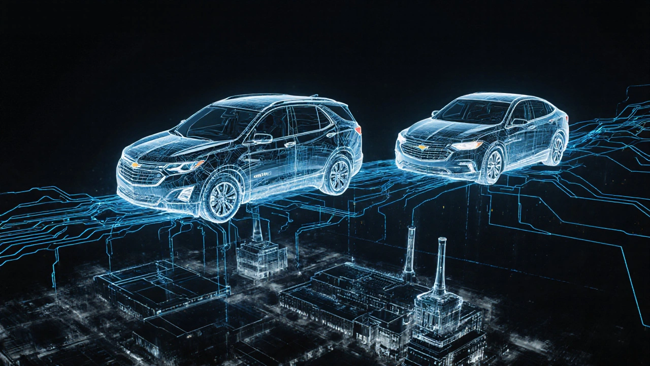 Průhledné Chevrolety s technologickými linkami spojujícími je s německou továrnou Opel.