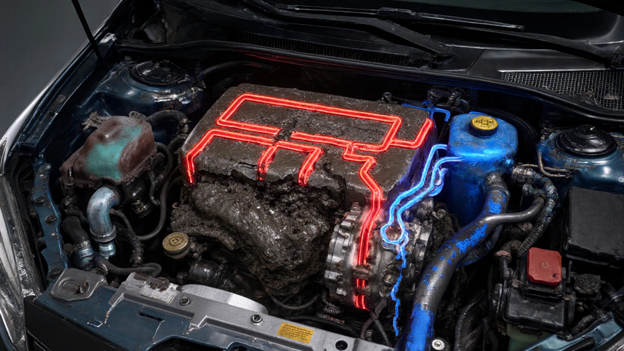 Průřez motorem Toyoty s viditelným konfliktem mezi čistým a znečištěným systémem.