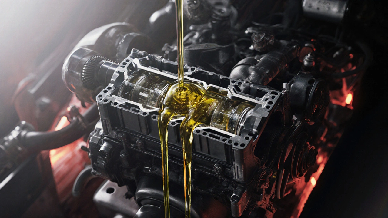 Průřez motoru Volvo s různě viskózními proudy oleje v úzkých kanálech.