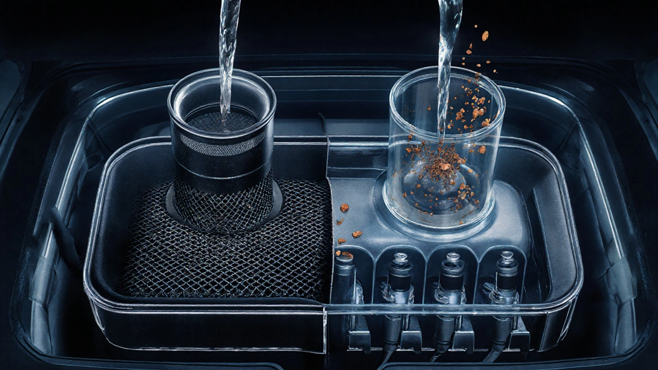 Průřez palivové nádrže: zanesený filtr a nečistoty směřující k vstřikovačům.