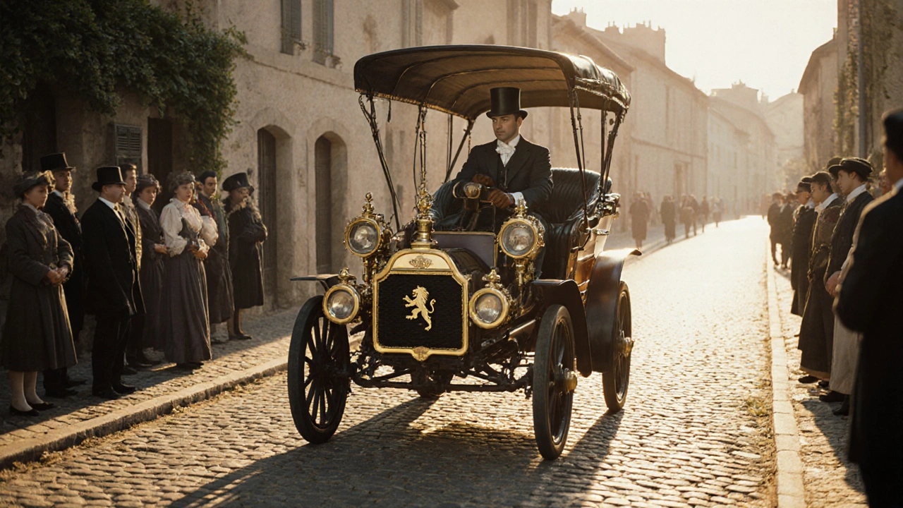 První auto Peugeot Type 3 z roku 1889 s parním motorem na kamenité cestě.