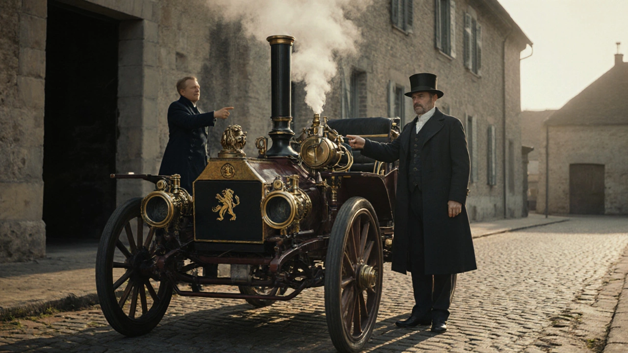 První auto Peugeot z roku 1889 s parním motorem na kamenné cestě před továrnou.