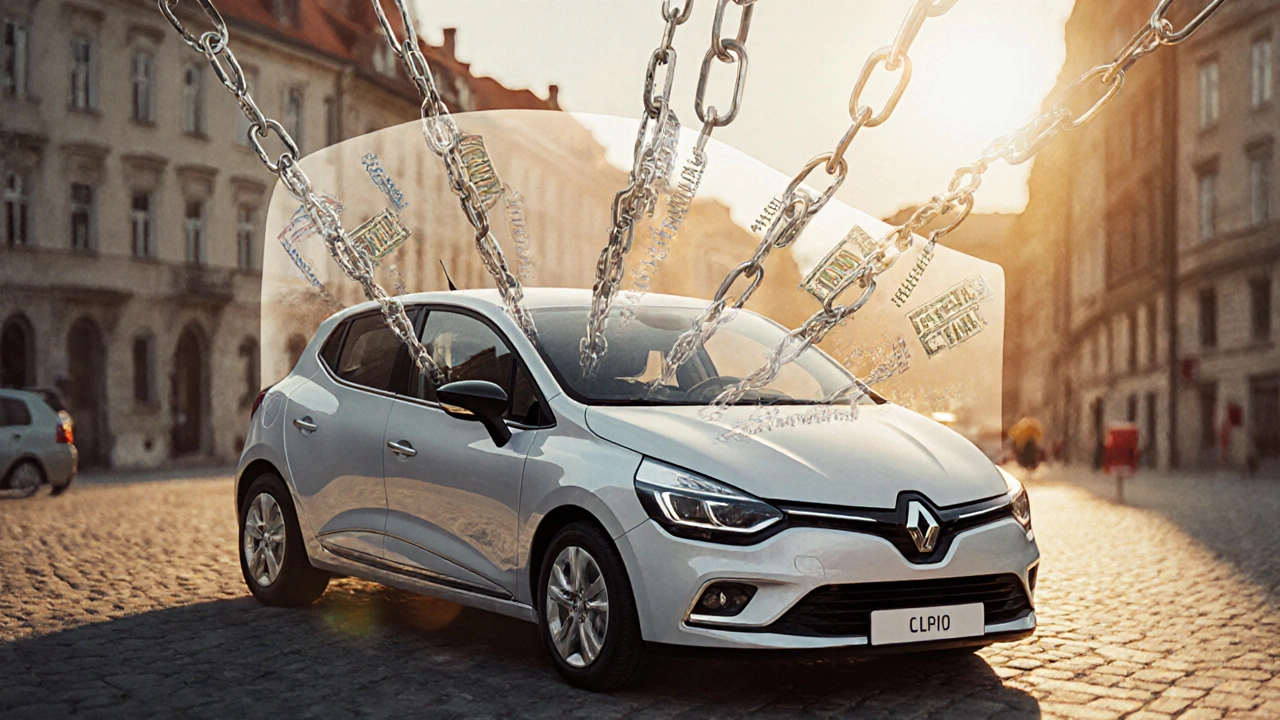 Renault Clio s průhlednými finančními zátěžemi, které ho táhnou dolů.