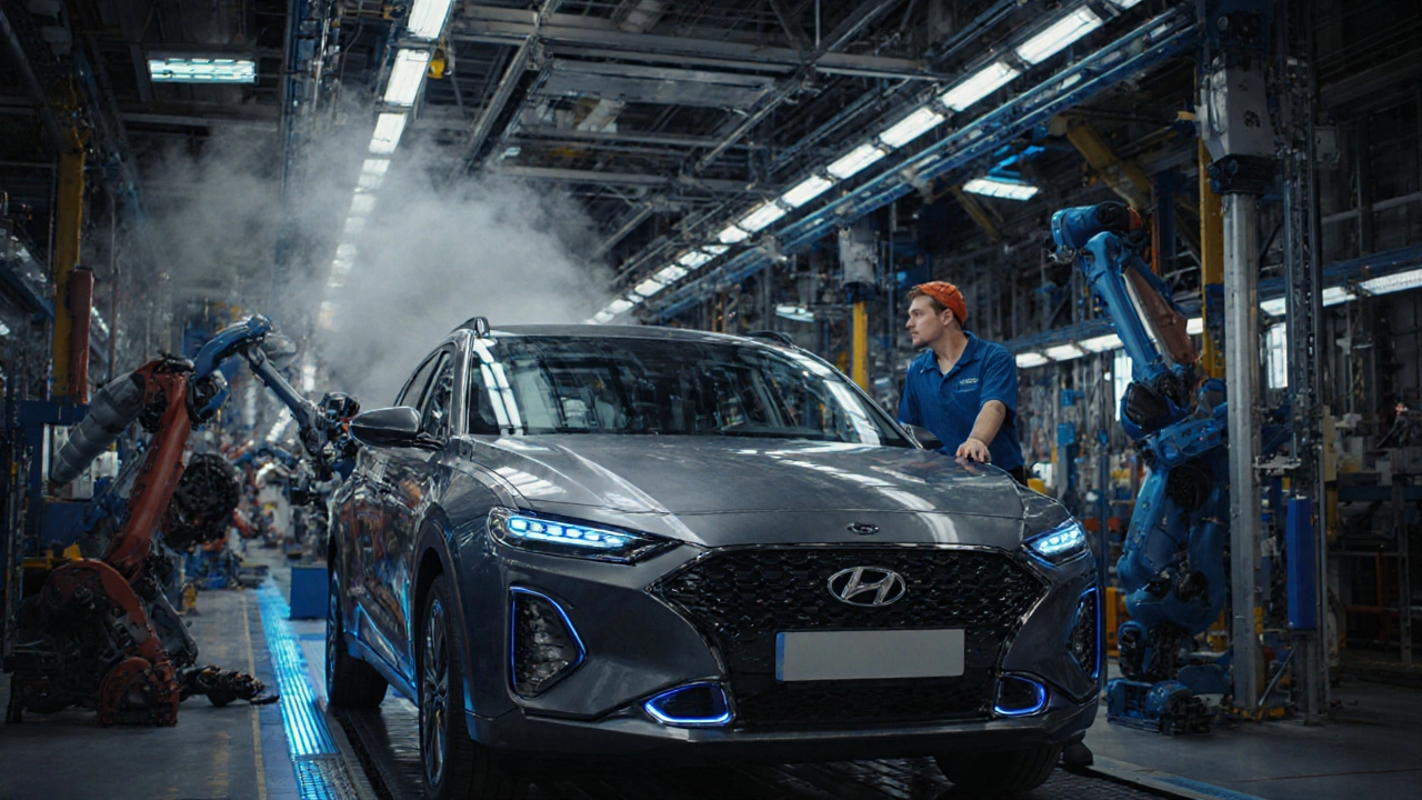 Robots and workers assembling Hyundai vehicles on a high-tech production line in Slovakia.