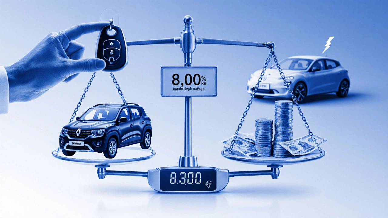 Ruka drží klíč od auta vedle váhy, na které se srovnávají náklady na nové, použité a elektřinou poháněné auto.