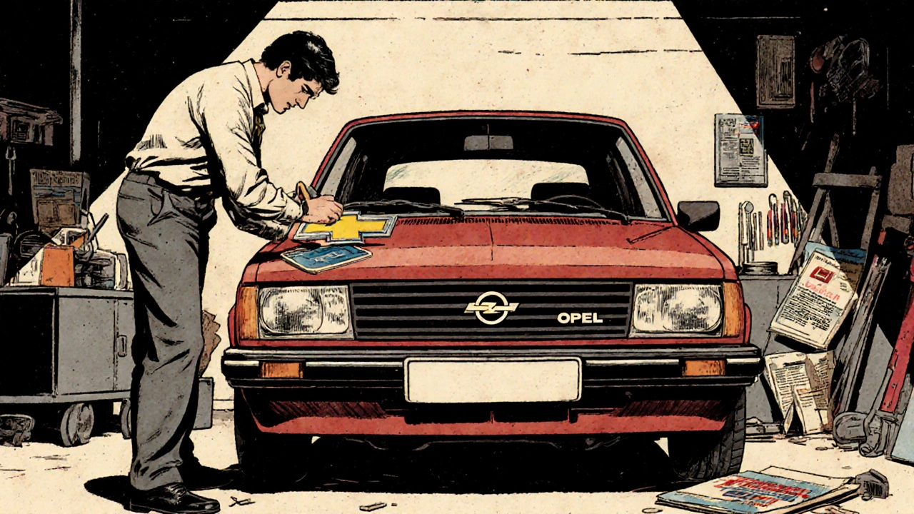 Sběratel v garáži mění logo Chevrolet na Opel na starém autě, kolem něj nástroje a letáky.