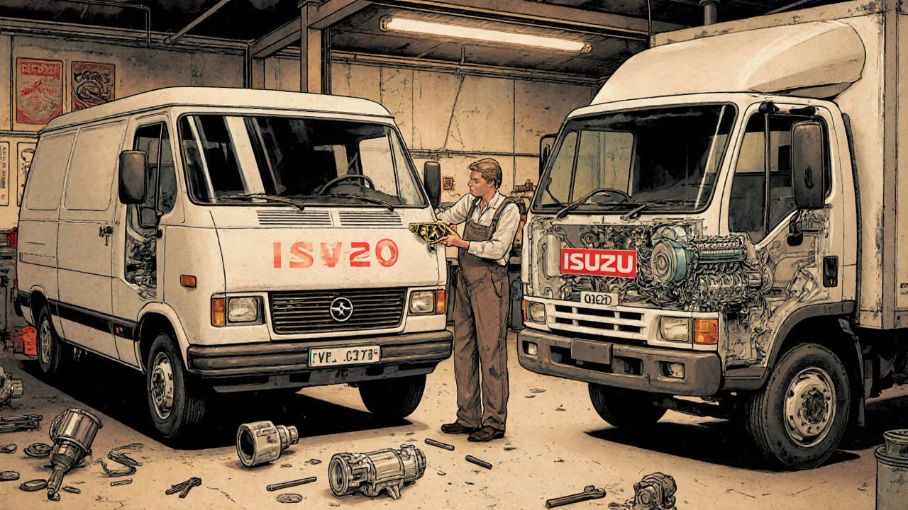 Side-by-side Opel Vivaro and Isuzu Elf with cutaway views showing shared mechanical parts.
