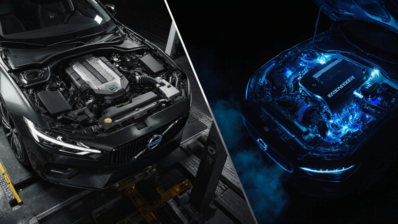 Split image comparing older Nissan-influenced Volvo engine with modern Volvo Drive-E engine