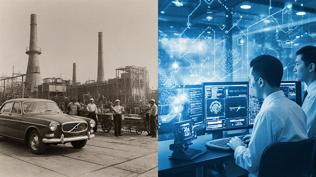 Split image: vintage Swedish Volvo factory on left, modern Chinese tech lab on right, connected by data stream.