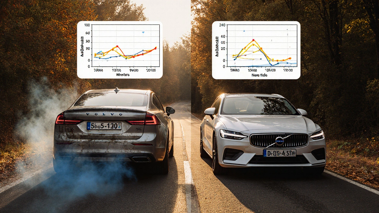 Starší a nový Volvo vedle sebe, nad každým je graf viskozity oleje, modrý kouř u staršího auta.