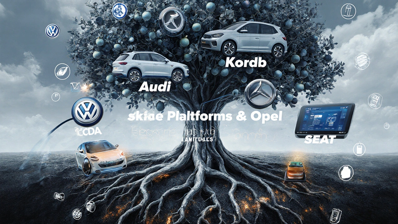 Strom s větvemi značek Volkswagen Group a elektrickými auty jako plody