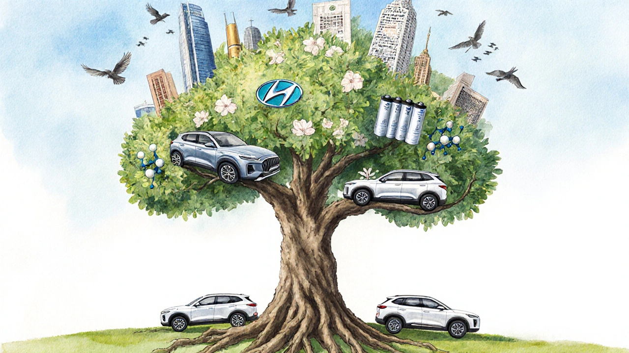 Symbolic tree representing Hyundai Motor Group with car models as branches and hydrogen blossoms.