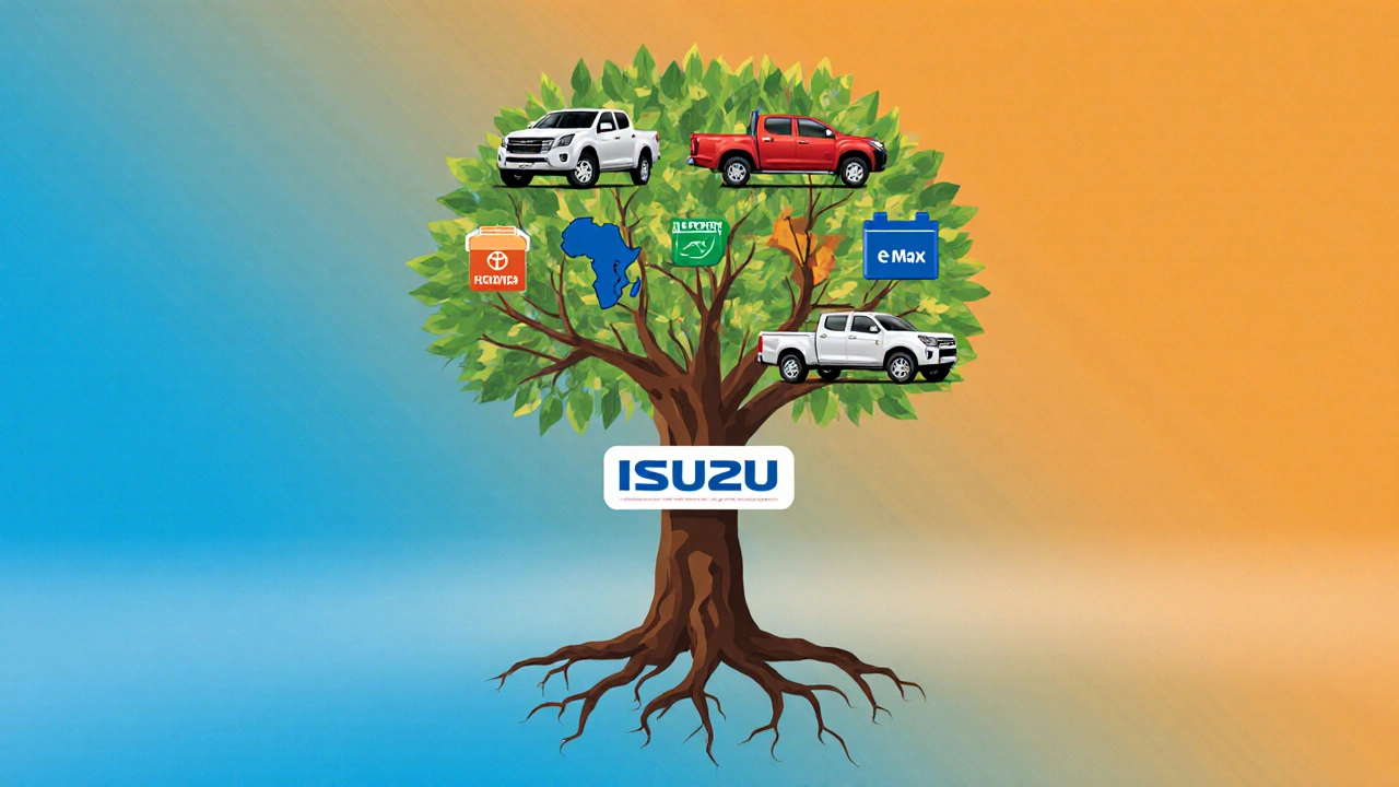 Symbolic tree with Isuzu roots and branches representing global vehicle models.