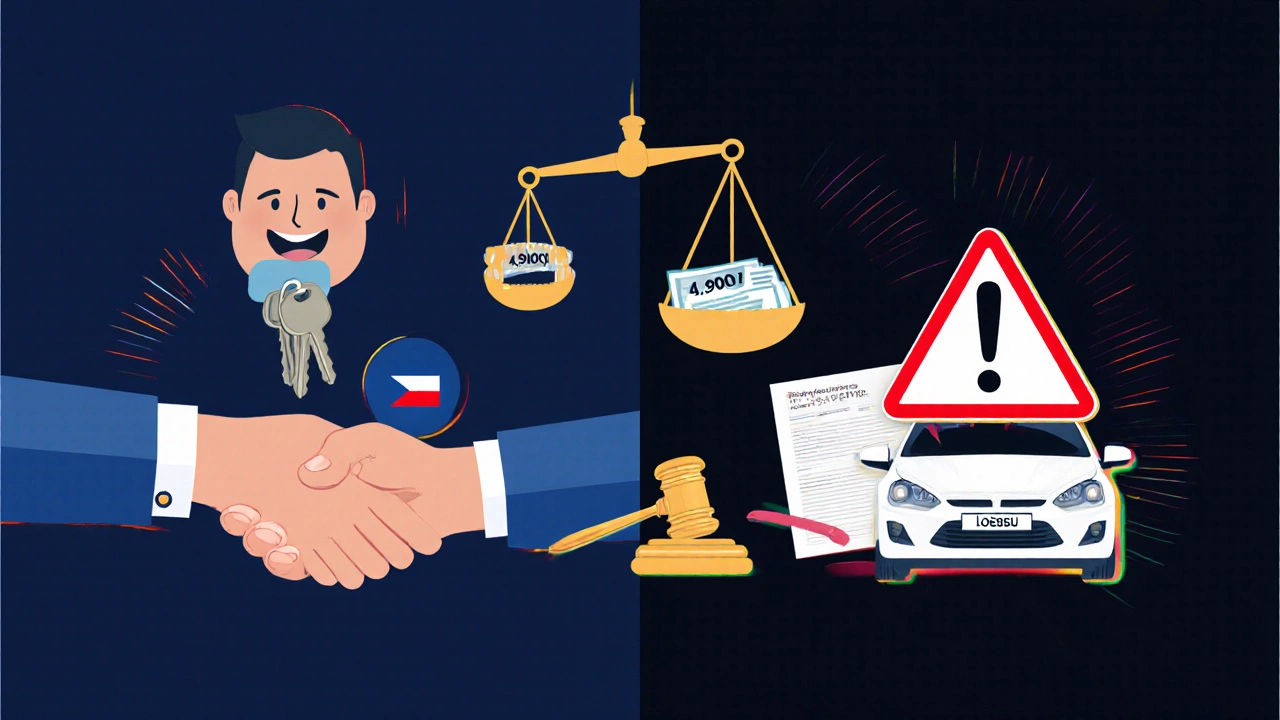 Symbolický obraz převodu auta vs. riziko nezaregistrovaného vozidla.