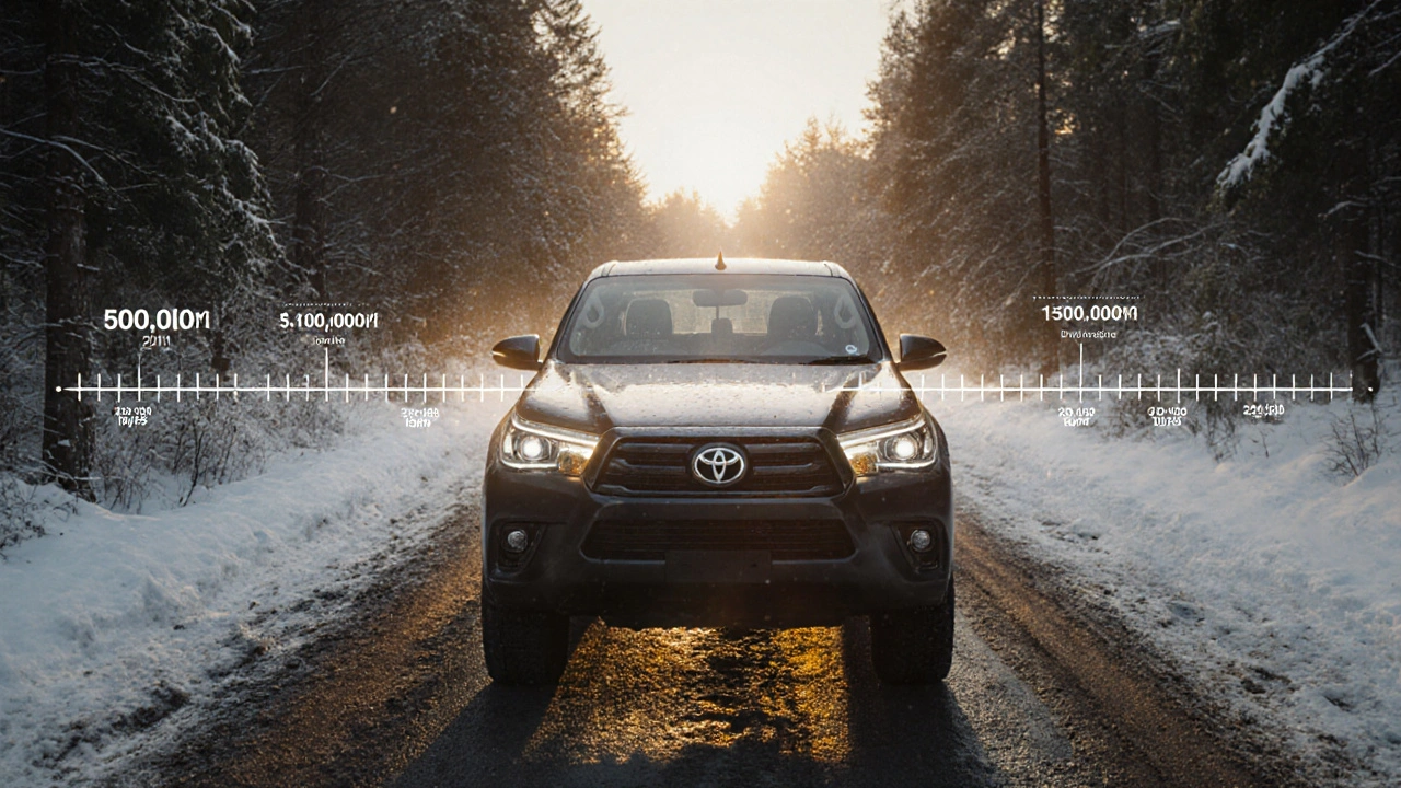 Toyota Hilux na zasněžené cestě v lese s přehledem 500 000 km najetých kilometrů.