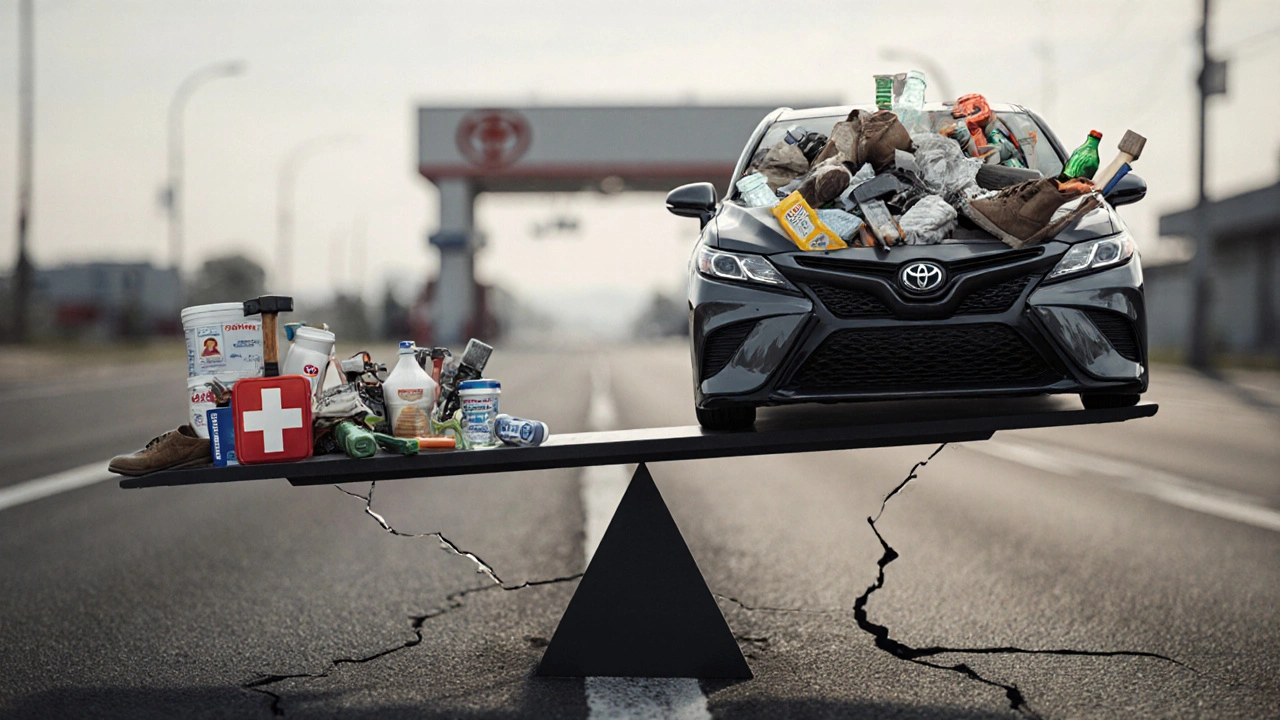 Toyota na váhách: jedna strana s potřebnými věcmi, druhá přetížená nezbytným nářadím a potravinami.