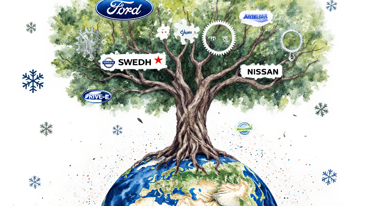 Tree metaphor showing Ford and Nissan roots evolving into Volvo Drive-E engine technology