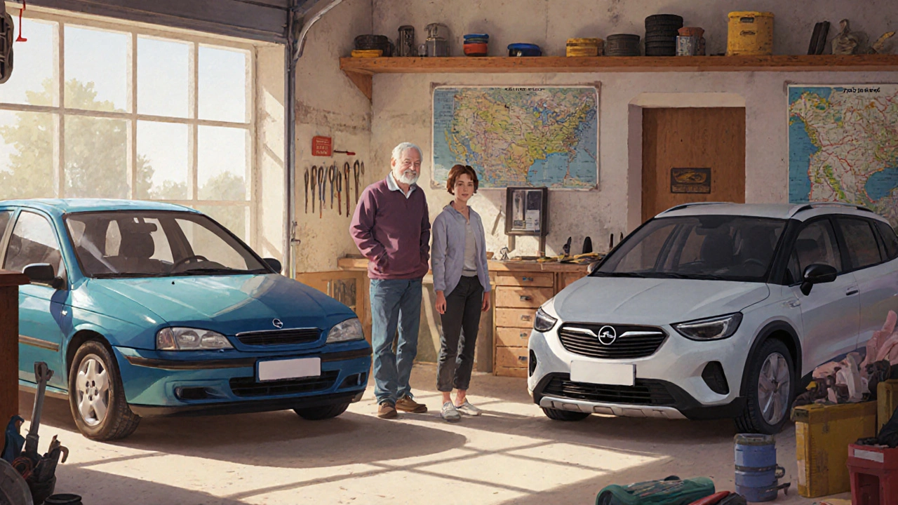 Tři generace vlastníků Opelu stojí vedle svých aut v garáži.