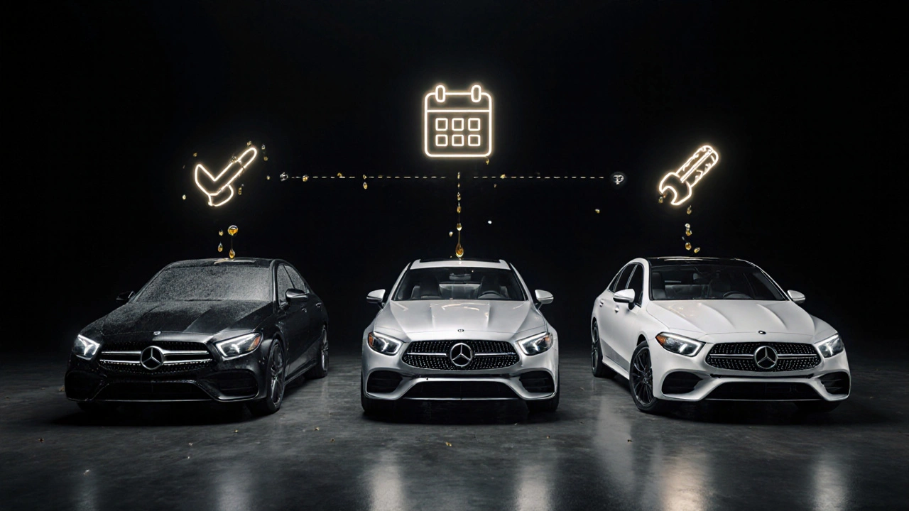 Tři Mercedesy s různým najetím spojené kapkami oleje, symbolizující pravidelnou údržbu.