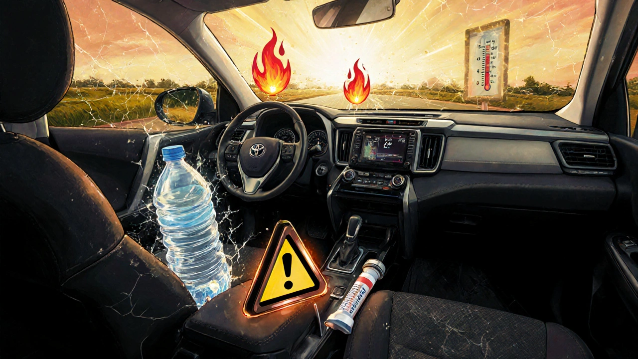 V horkém autě se hrozivě zahřívají láhev s vodou, parfém a léky.