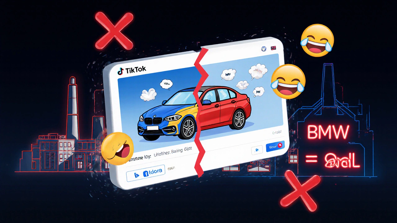 Virtuální obrazovka s virálním videem, kde BMW převáží na Opel, s výrobními linkami na pozadí.