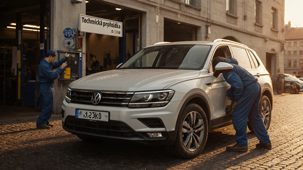 Volkswagen Tiguan na technické prohlídce v Praze s mechanikem.