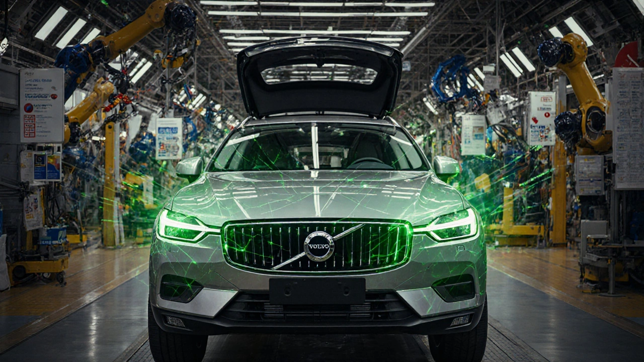 Volvo EX30 being assembled in Taiwan with glowing safety sensors and AI systems visible.