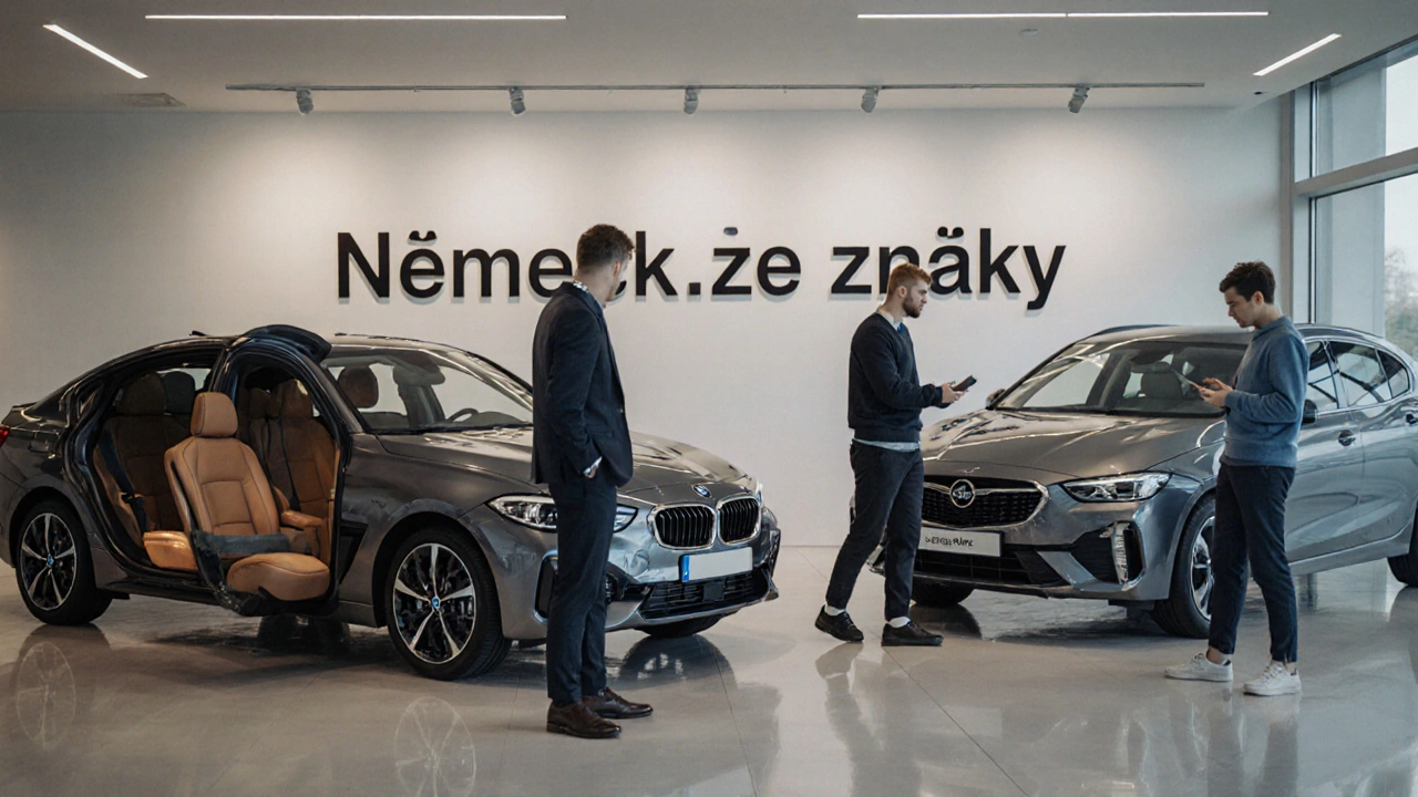 Zákazníci v autosalónu v Česku si prohlížejí BMW a Opel v oddělených prostorech.