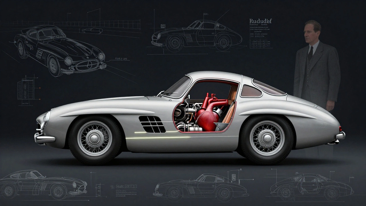 Artistic rendering of the 300 SLR Uhlenhaut Coupé with engineering blueprints and Uhlenhaut&#039;s silhouette.