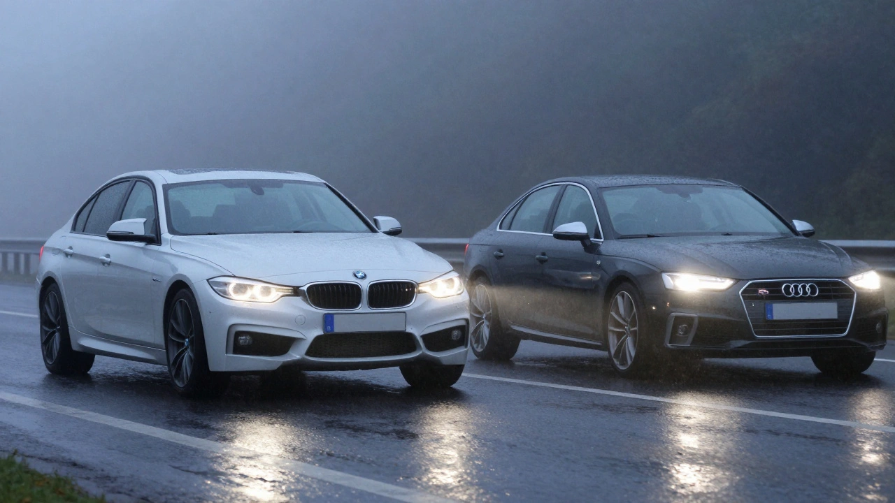 BMW a Audi stojí vedle sebe na mokré silnici v ranní mlze, každé s vlastním charakterem.
