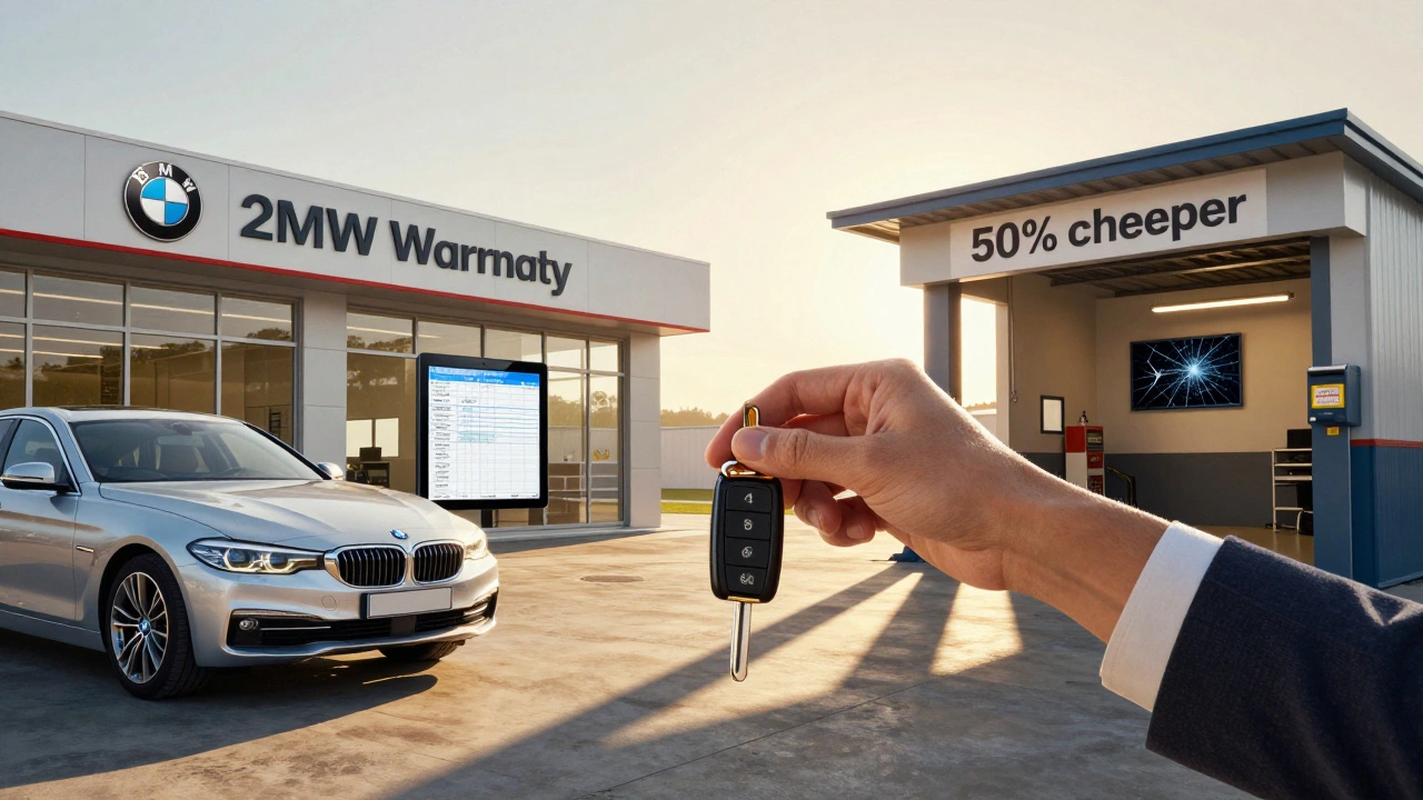 BMW owner choosing between official service with warranty and affordable independent repair with risks.