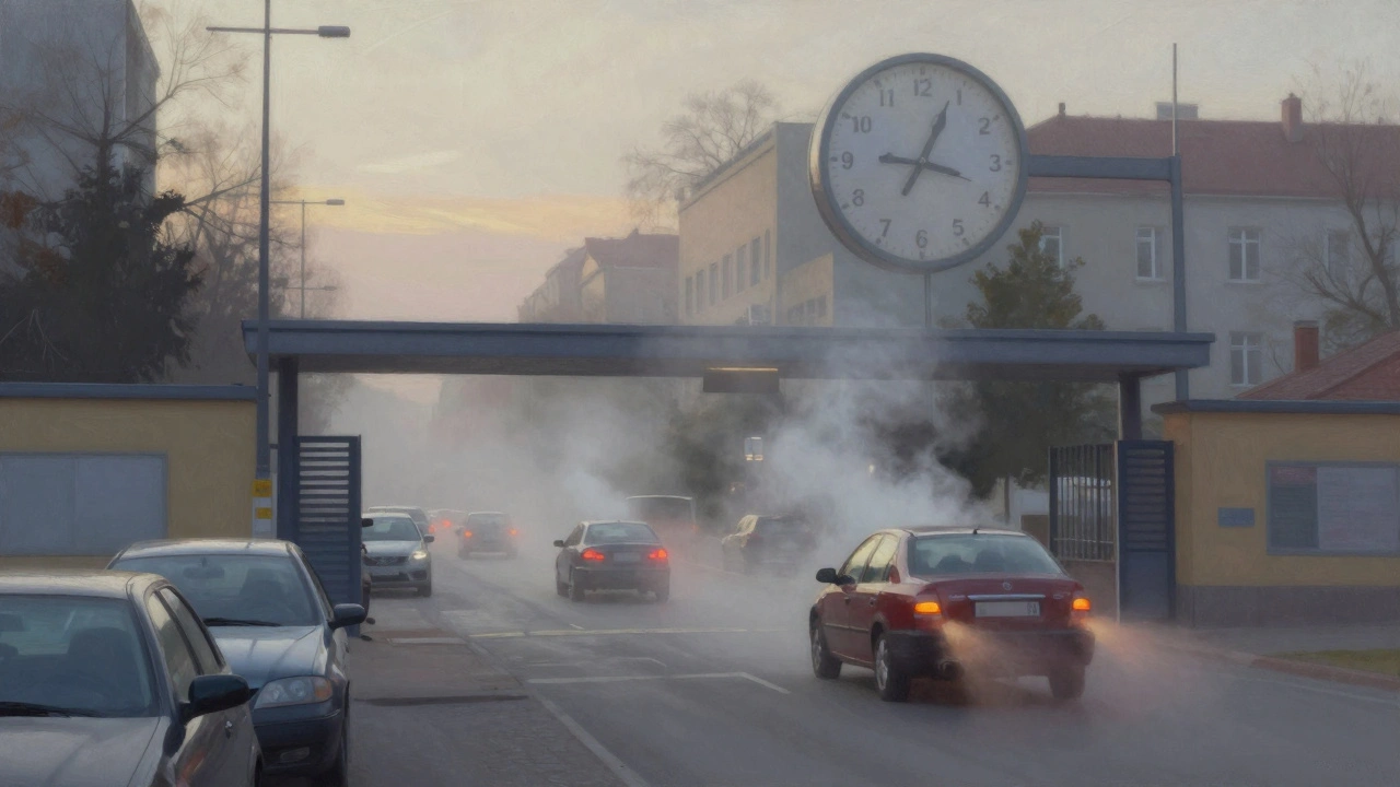 City scene with multiple cars idling near a school, smoke rising, clock symbolizing 30-second limit.
