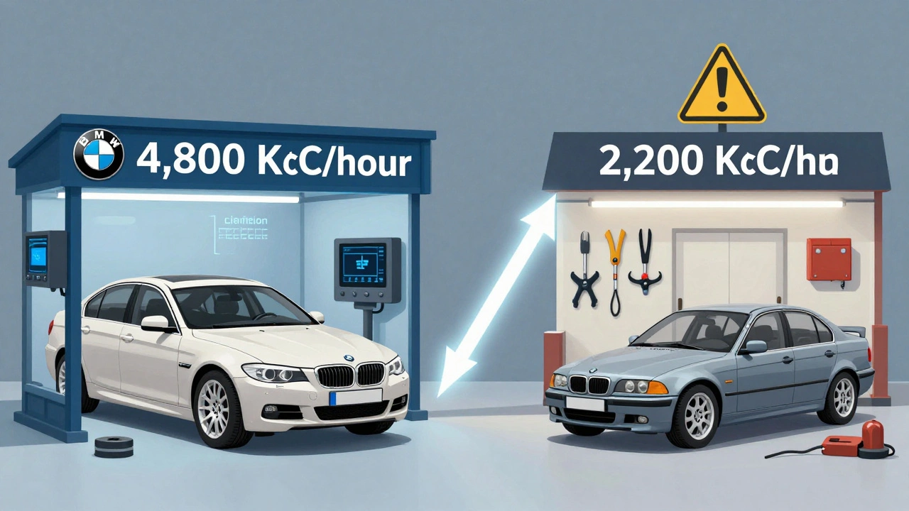 Comparison between expensive official BMW service and cheaper independent garage with warning symbols.