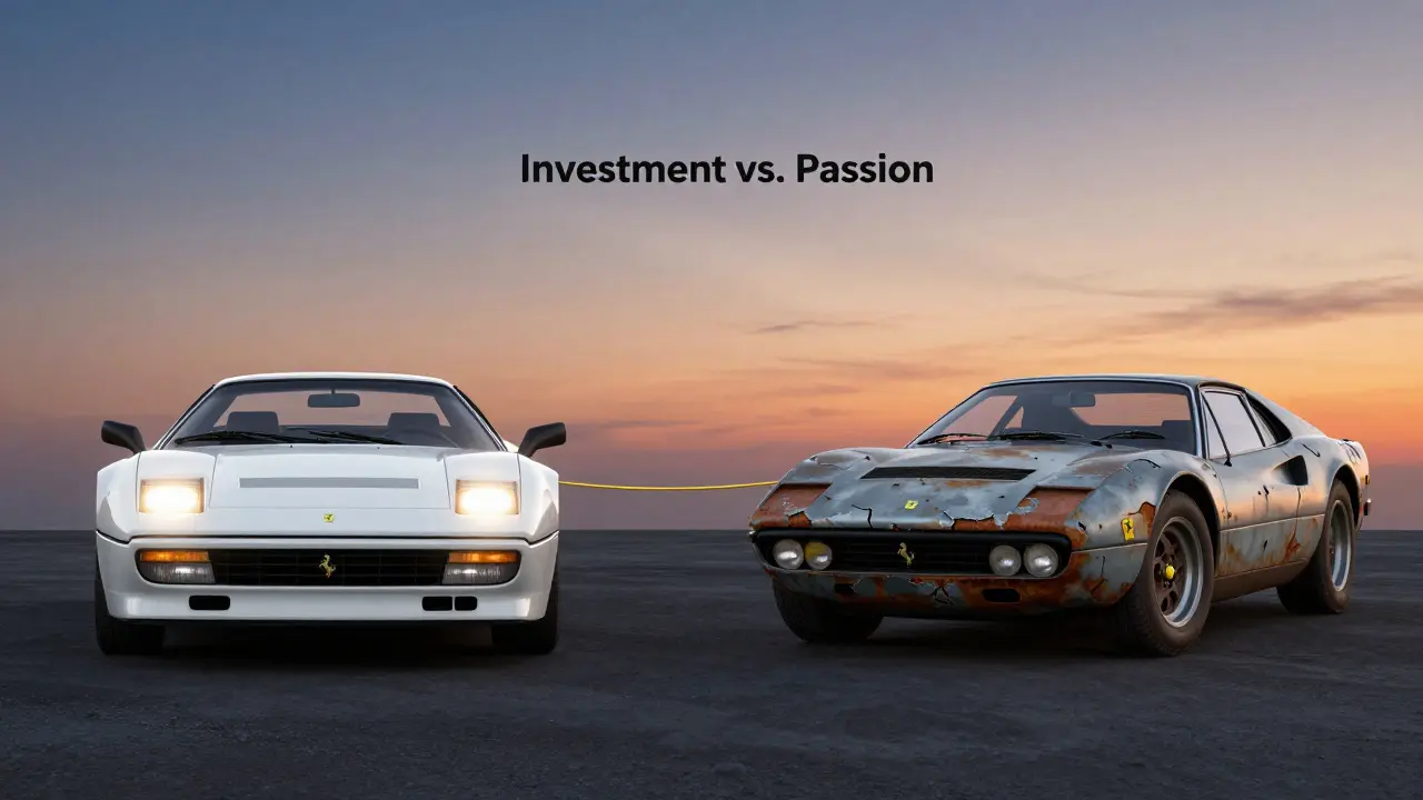 Dvě Ferrari – jedno nové, jedno zrezavělé – spojená zlatou nití, symbolizující volbu mezi spolehlivostí a vášní.