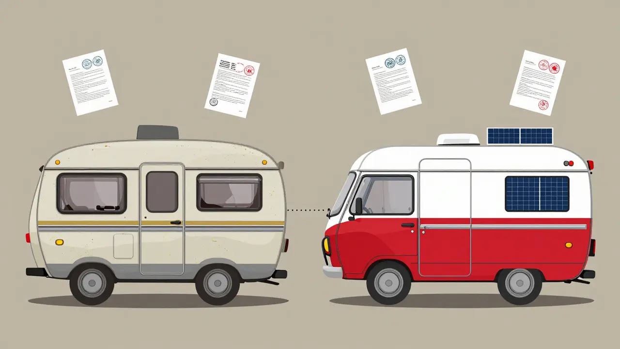 Dvě verze karavanu: britská a přepracovaná česká, spojené cestou dokumentů a oprav.