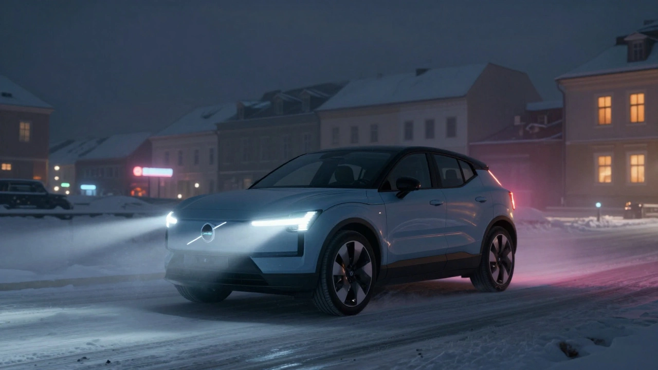 Elektrické Volvo EX30 jede v zimní noci Brnem, sníh a mlha, světla bezpečnostních systémů.