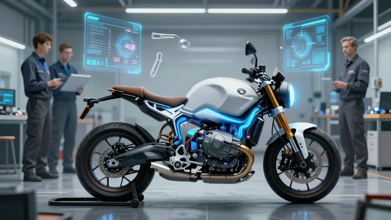 Elektrický motocykl BMW i400 je sestavován v moderní dílně s holografickými rozhraními.